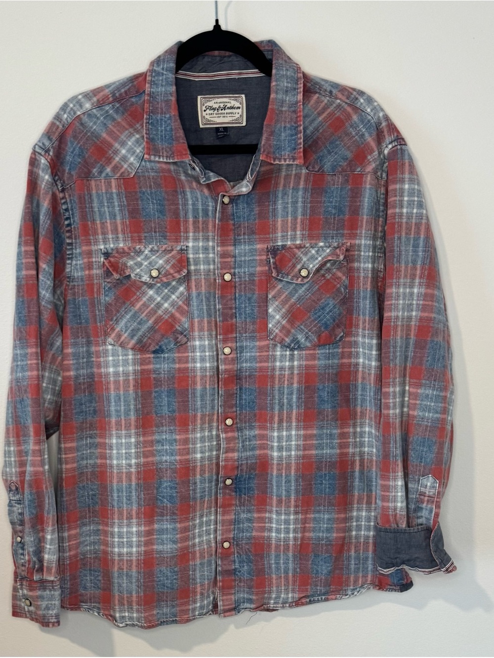 Flag & Anthem Plaid Flannel Shirt Men’s XL Red Blue Western Snap Button